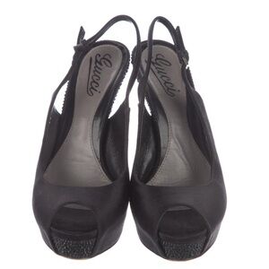 Gucci Black Satin Peep-Toe Slingback Heels